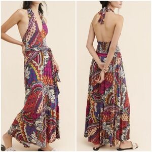 Anthropologie New Maeve Cynthia Pink Boho Print Maxi Halter Sun Dress SZ Small